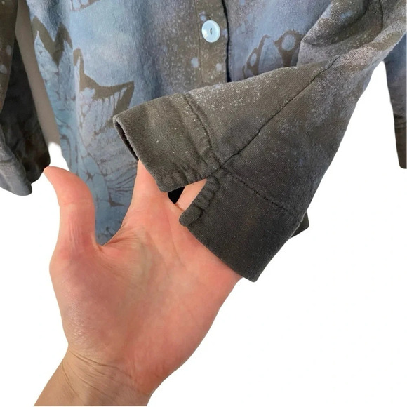 Handmade Stencil Tie Dye Jacket Womens Medium Tan Blue 3/4 Sleeve Cotton Knit - Picture 7 of 13